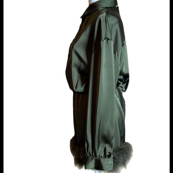 Cider Green Satin Dress with Fur Trim - Picture 5 of 8